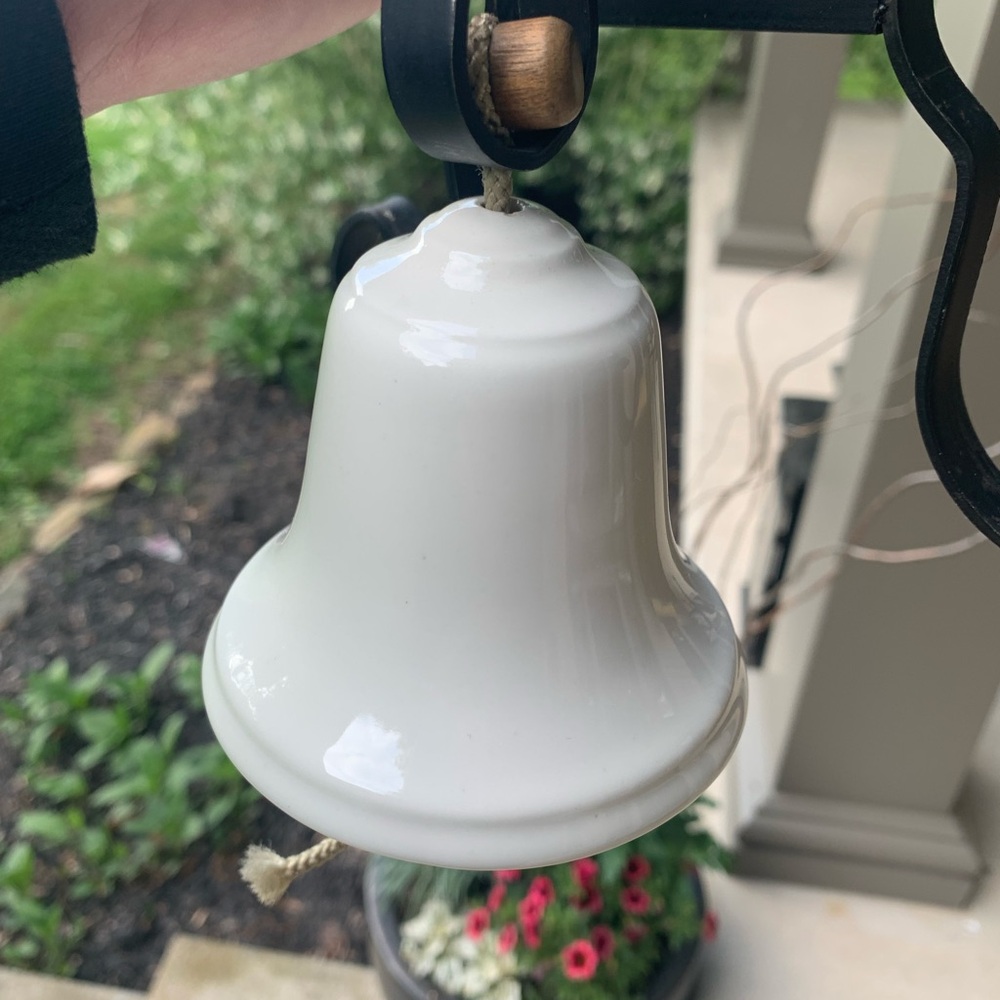 Vintage Farmhouse Style Iron and Porcelain Enamel Dinner Bell Homestead - Picture 2 of 7